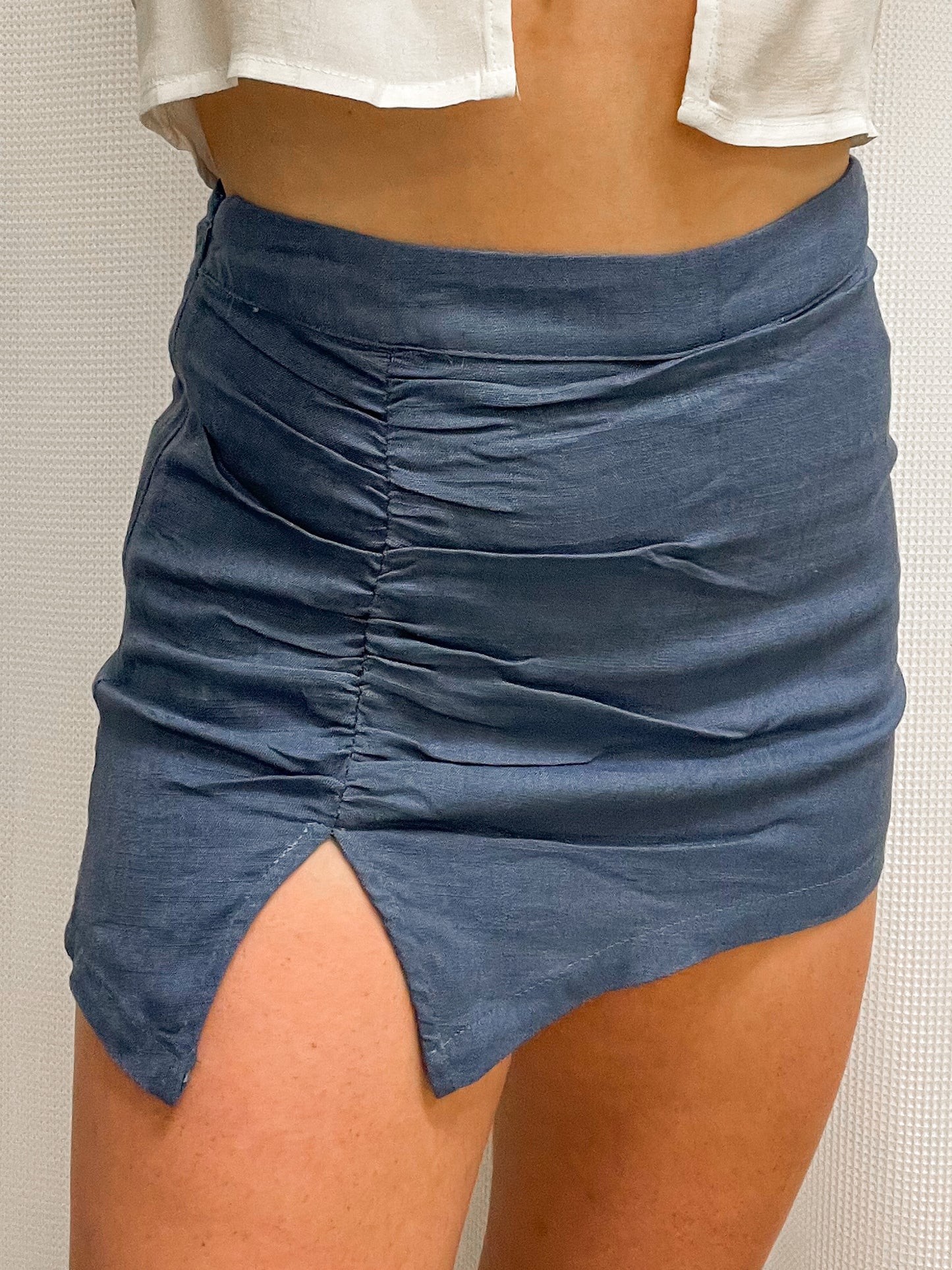 Linen Side Cinched Mini Skirt - Blue Stone