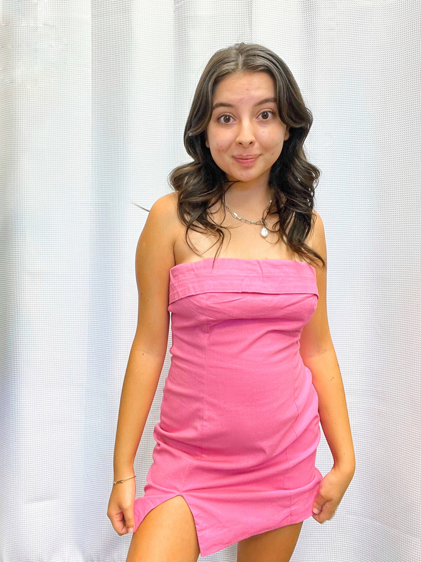 Strapless Foldover Hem Dress with Slit - Pink