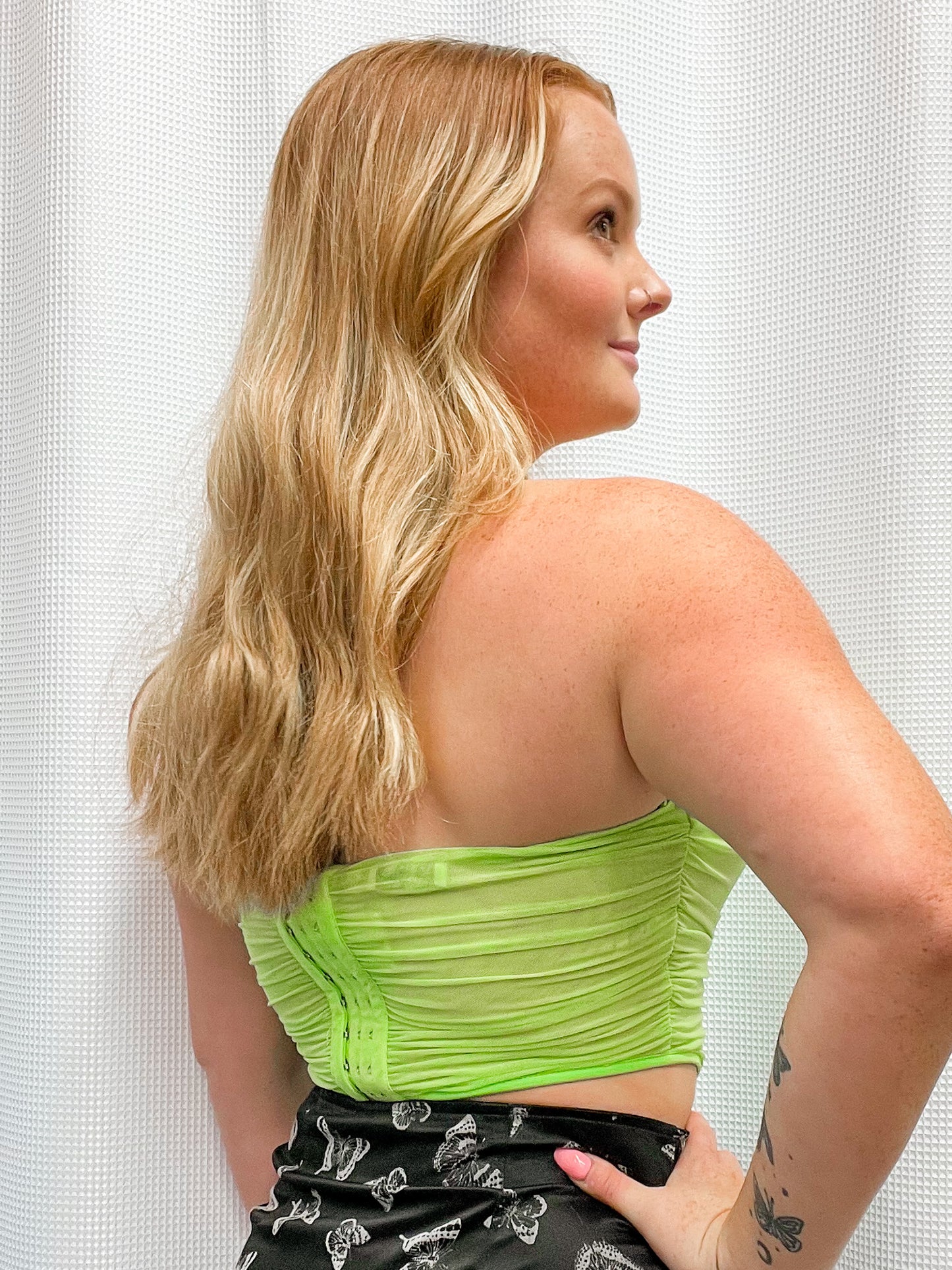 Draped Mesh Corset Top with Boning - Lime