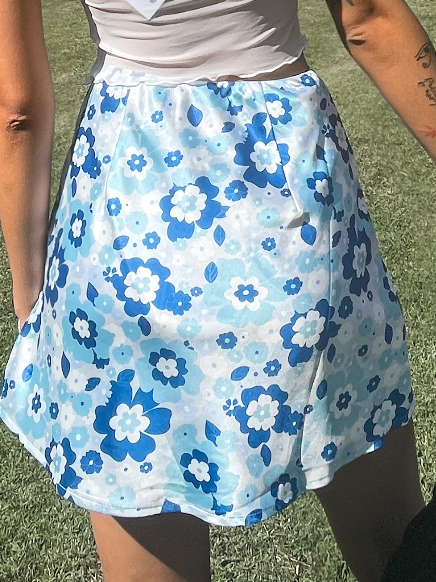 Floral Skirt with Side Slit - Blue