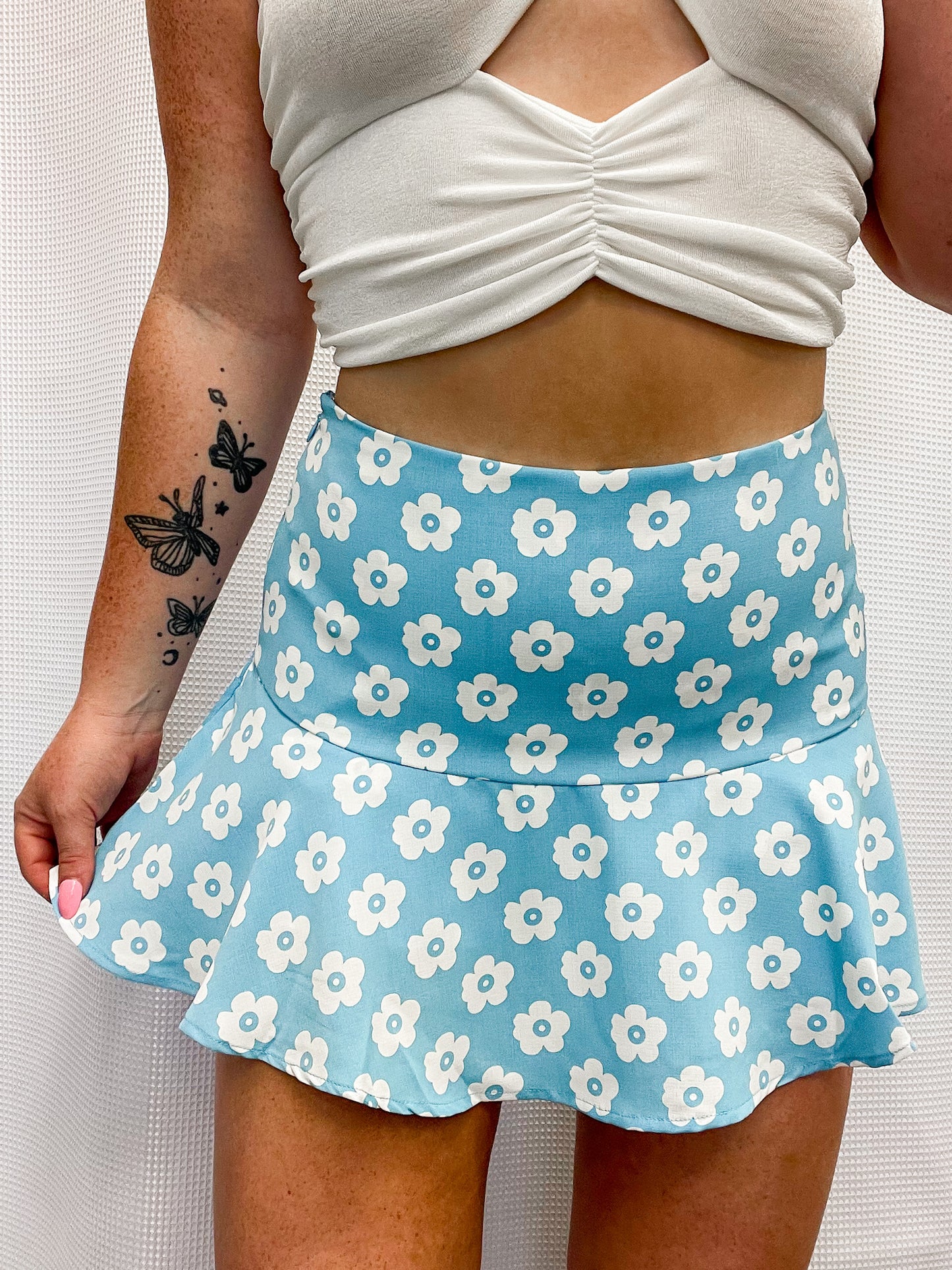 Floral Print Ruffle Bottom Skirt - Chambray