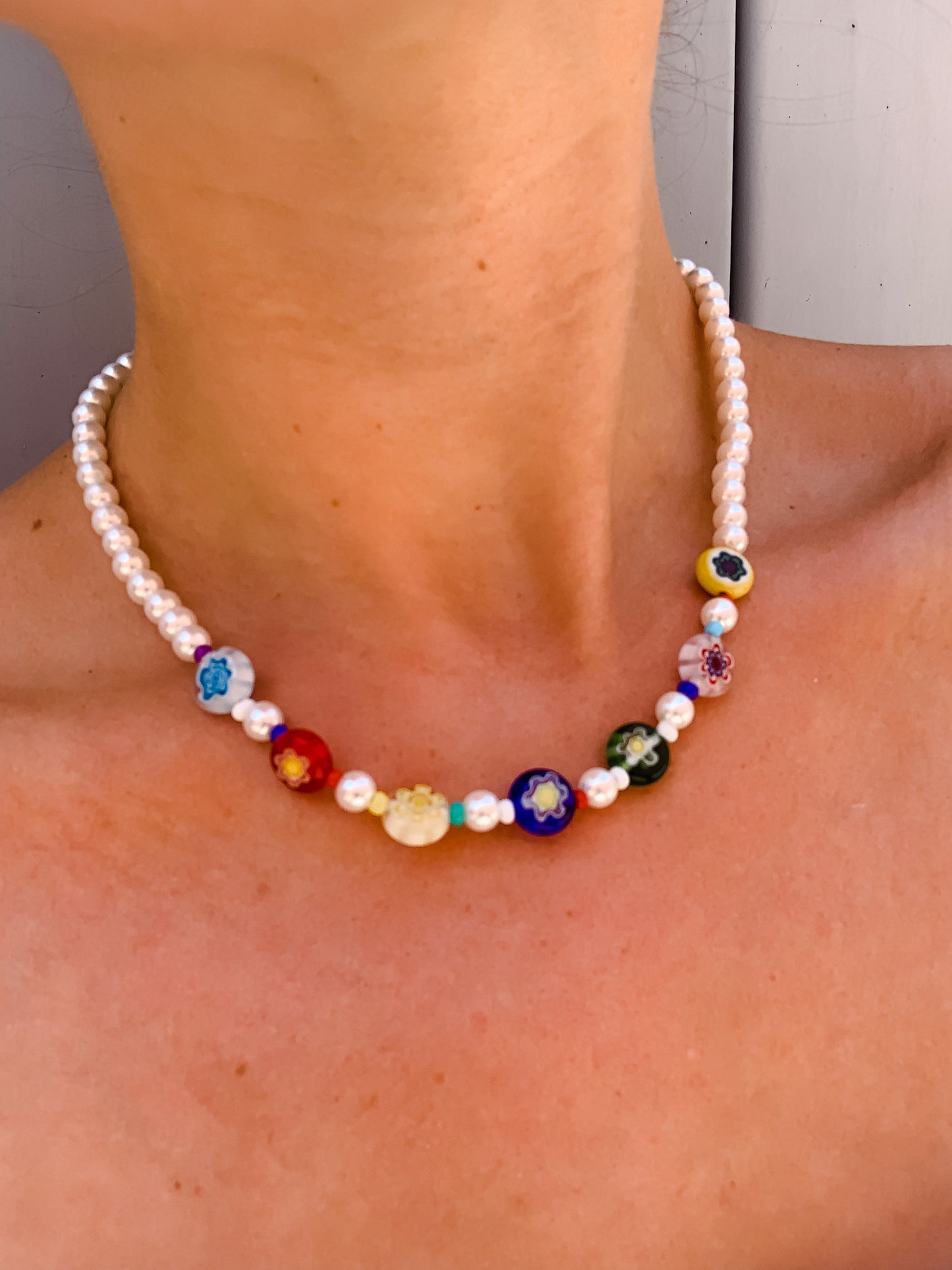 Flower Bead and Pearl Necklace