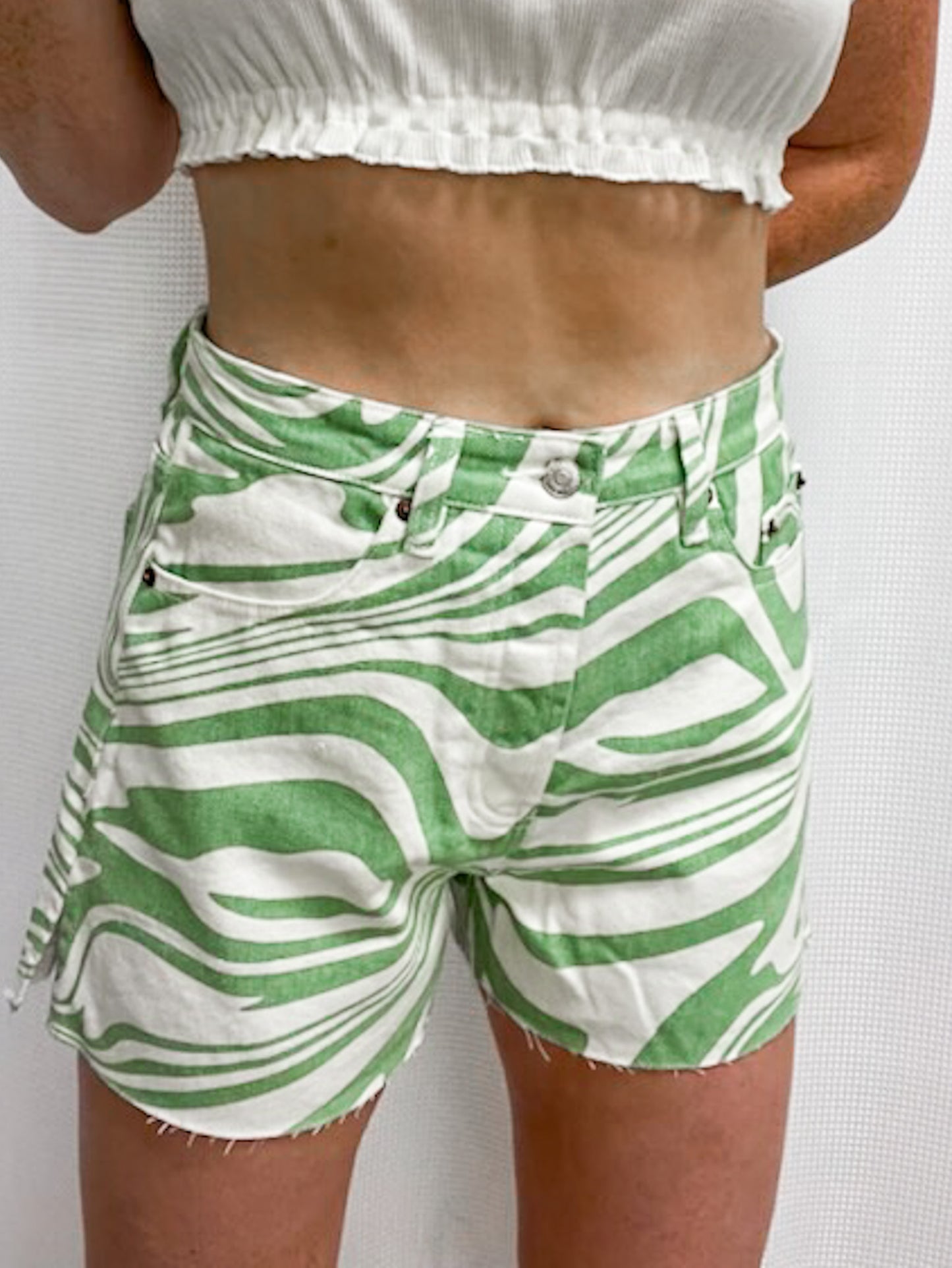 Swirl Print High Waist Denim Shorts - Green