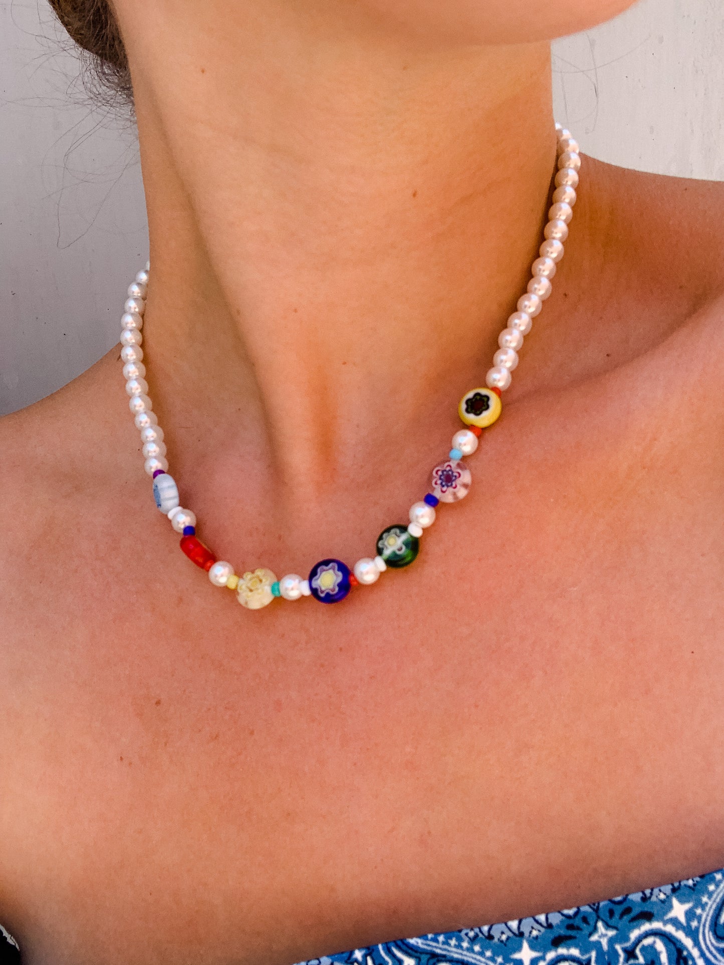 Flower Bead and Pearl Necklace