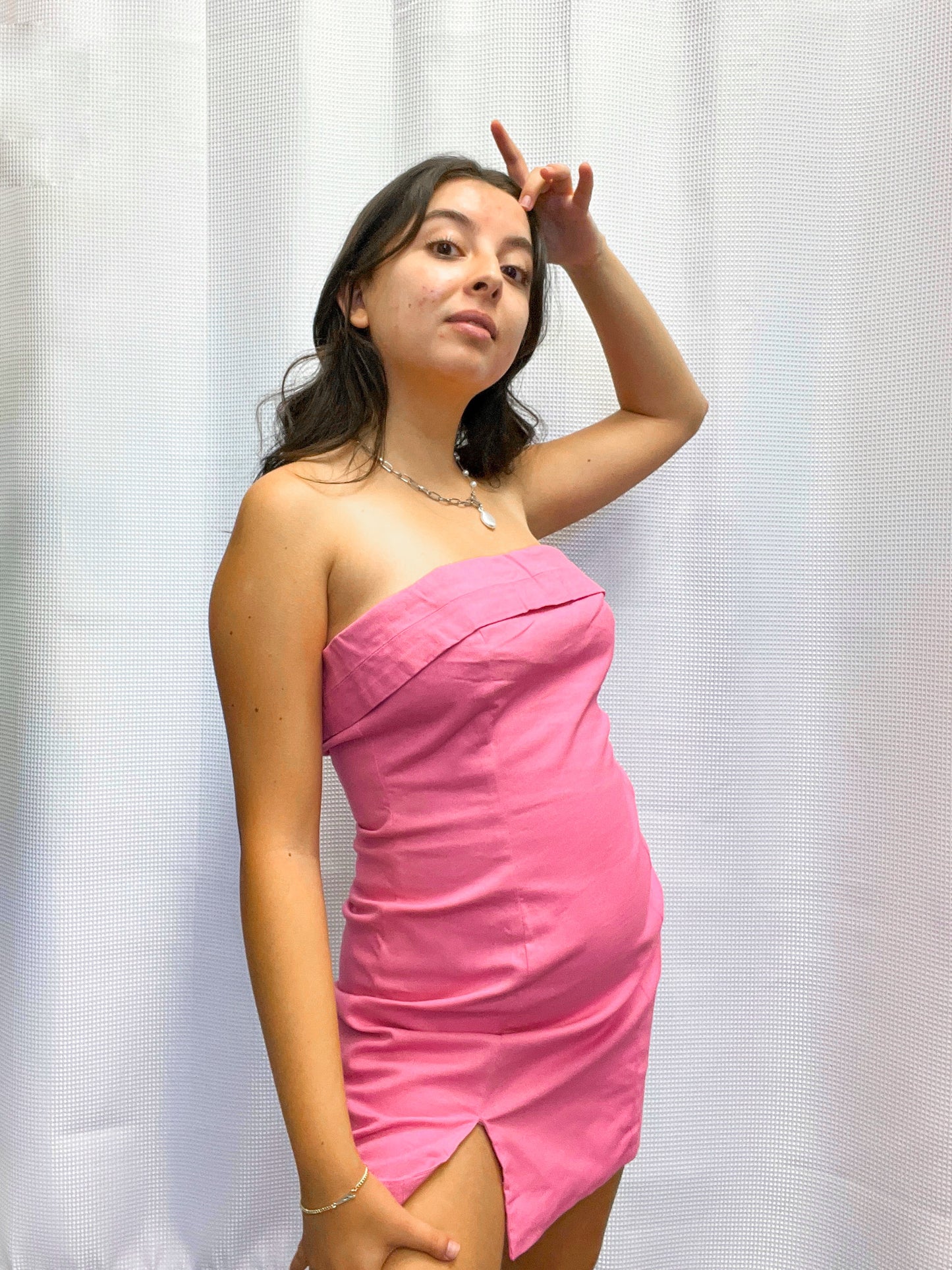 Strapless Foldover Hem Dress with Slit - Pink