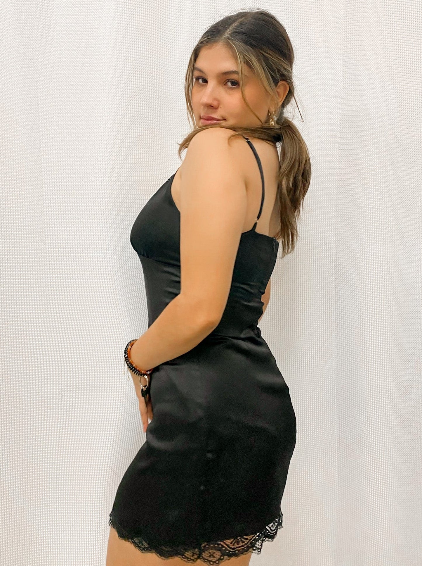 Satin Mini Slip Dress with Lace Trim - Black