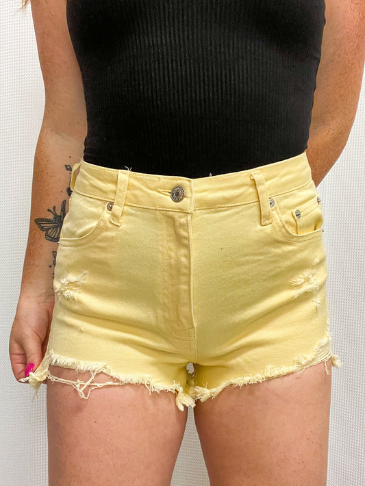 Distressed Colored Shorts - Yellow