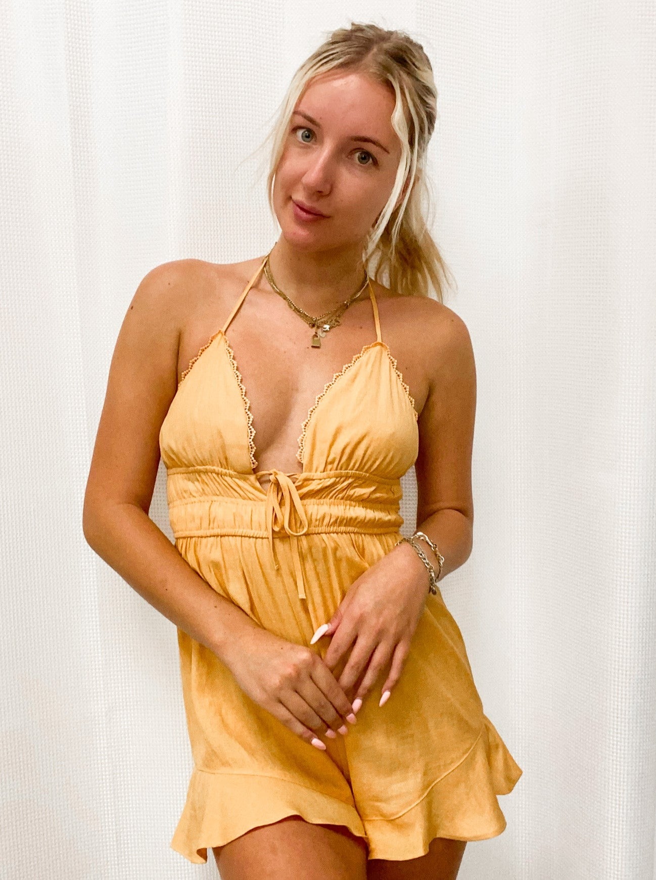 Halter Romper with Gathered Waist - Apricot